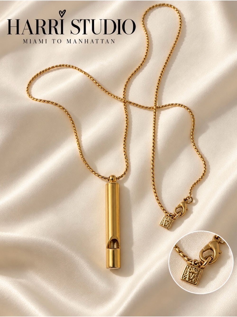 Vintage Signed Anne Klein Gold Tone Whistle Pendant Necklace Rare Stackable